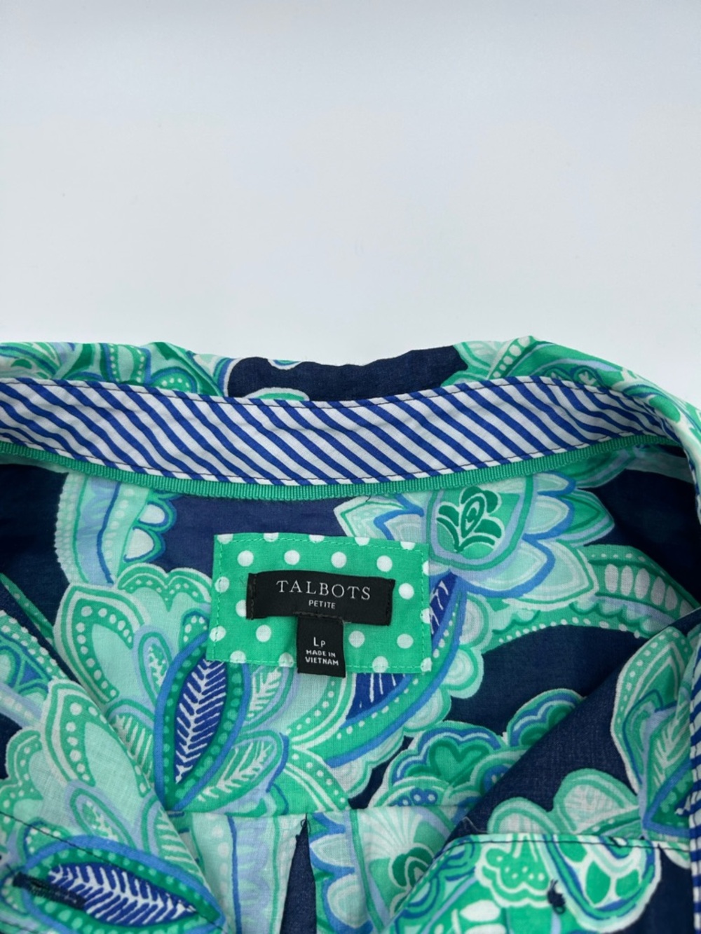 Talbots Navy and Mint Floral Paisley Button-Down Top LP - Picture 2 of 7